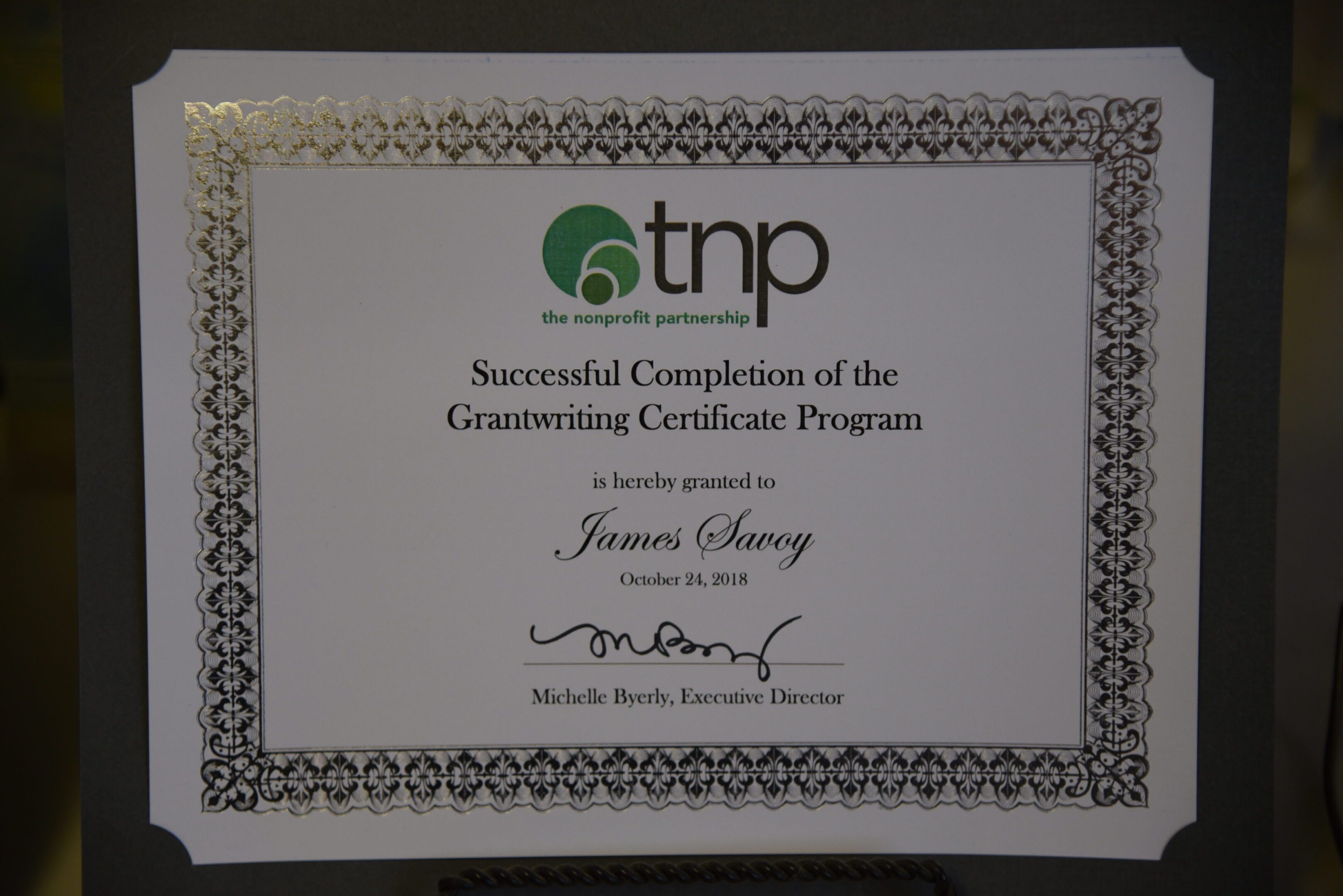 Certificate of Grantwriting Program Completion.