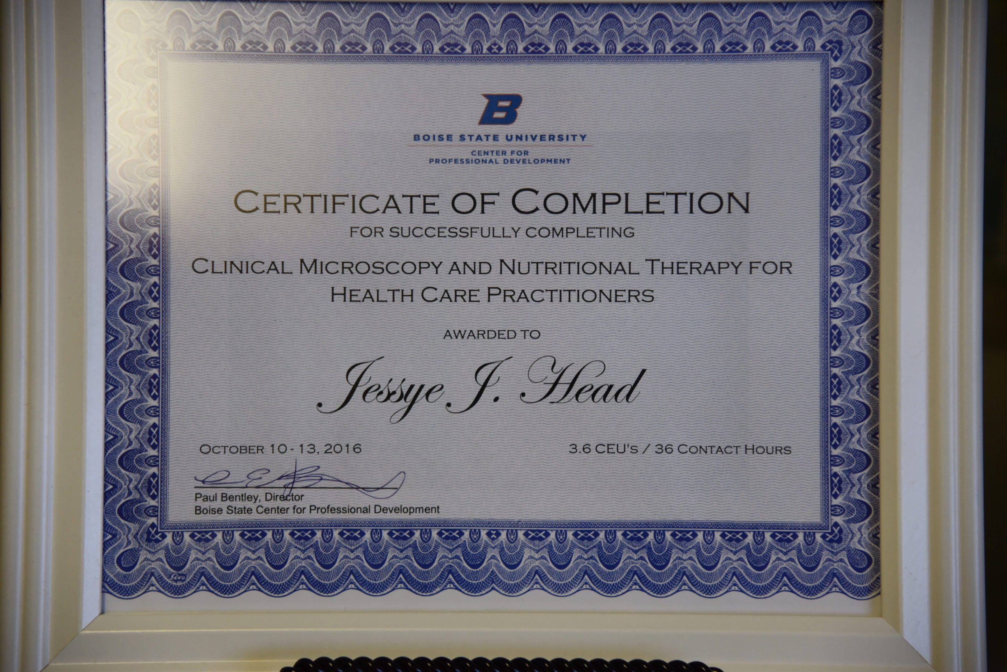 Certificate of completion with blue border.