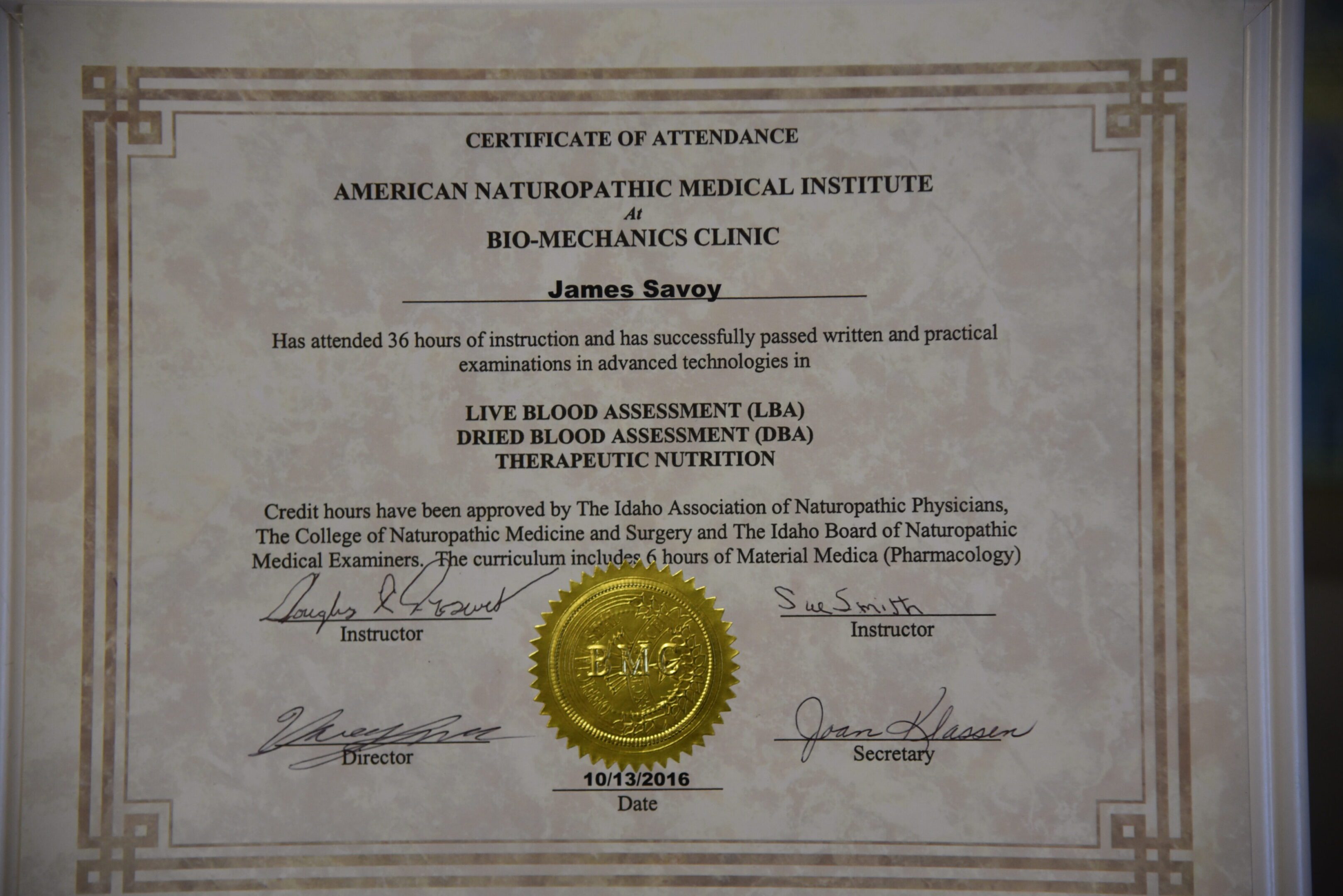 Certificate of attendance from medical institute.